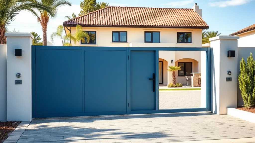 Maison moderne avec portail bleu et toit en tuiles