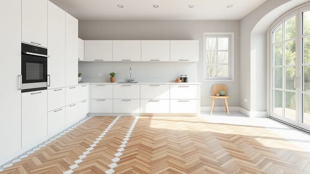 Cuisine moderne blanche avec grandes fenêtres lumineuses