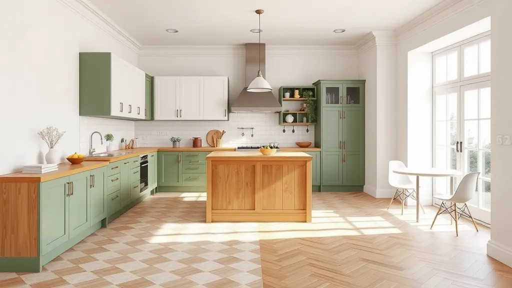Cuisine lumineuse avec meubles verts et bois