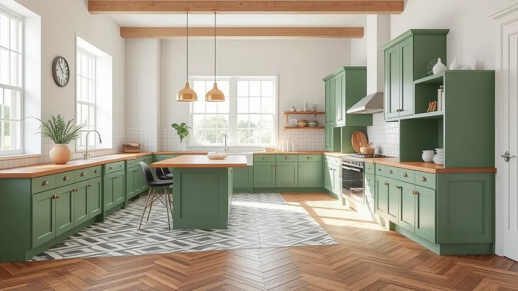 Cuisine spacieuse avec meubles verts et planchers en bois