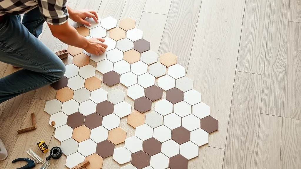 Personne installant carrelage hexagonal coloré