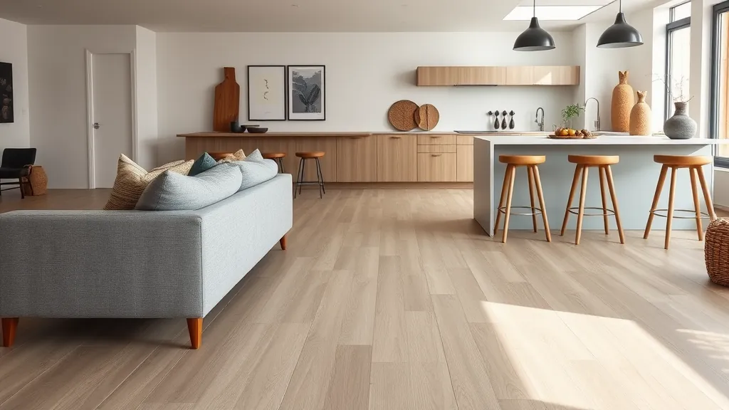 Salon moderne avec cuisine ouverte, style épuré